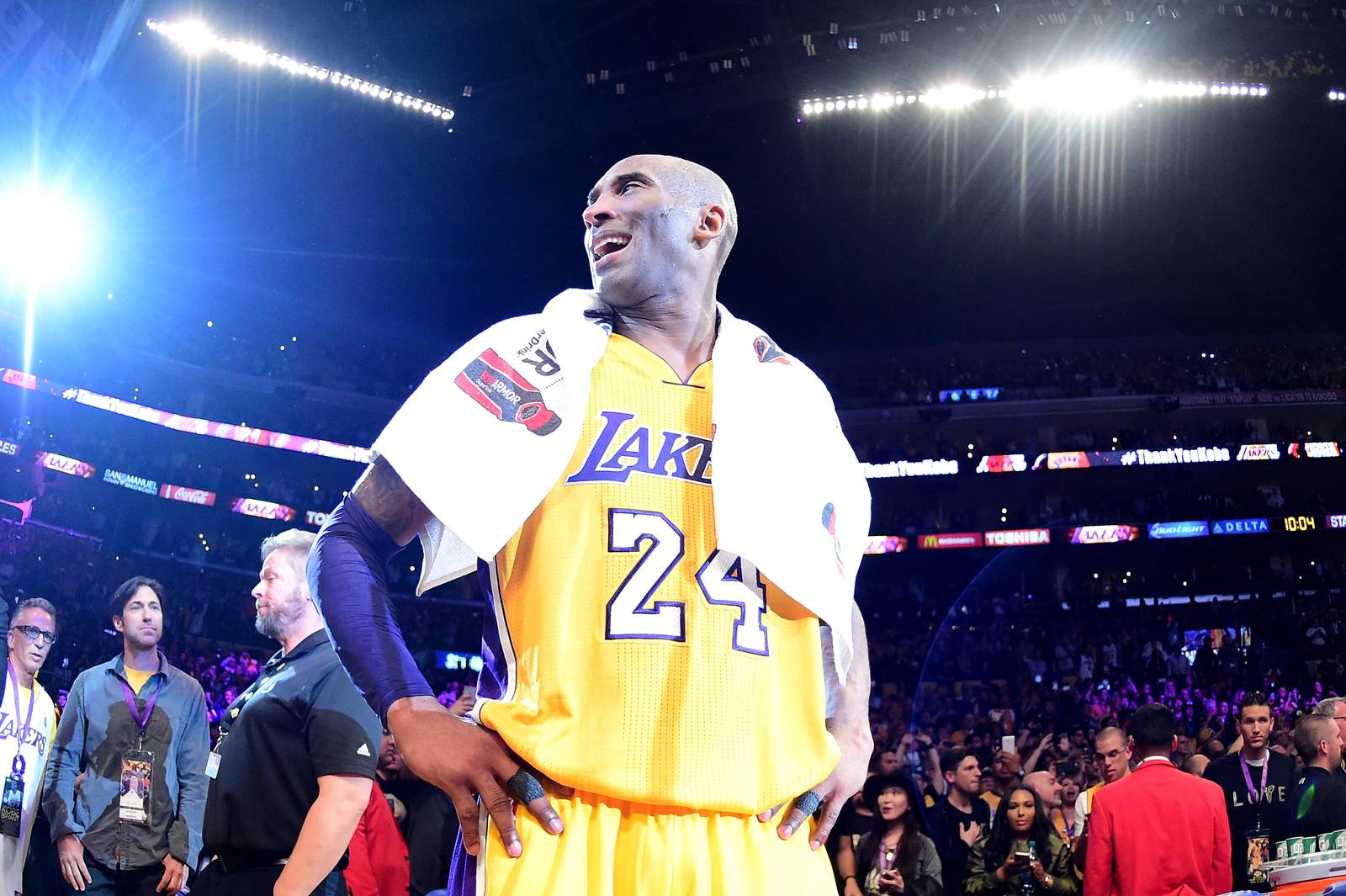 Kobe Bryant celebrates after scoring 60 points in his final NBA game at Staples Center. It was April 13, 2016 and the Lakers defeated the Utah Jazz, 101-96.