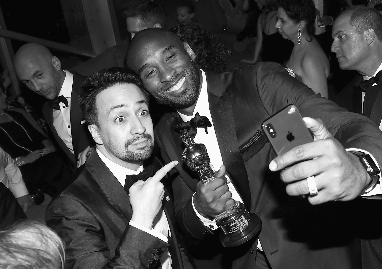 Lin-Manuel Miranda and Kobe Bryant attend the 2018 Vanity Fair Oscar Party hosted by Radhika Jones at Wallis Annenberg Center for the Performing Arts.