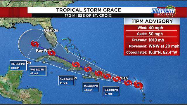 Tropical Storm Grace strengthens slightly, Florida remains in cone