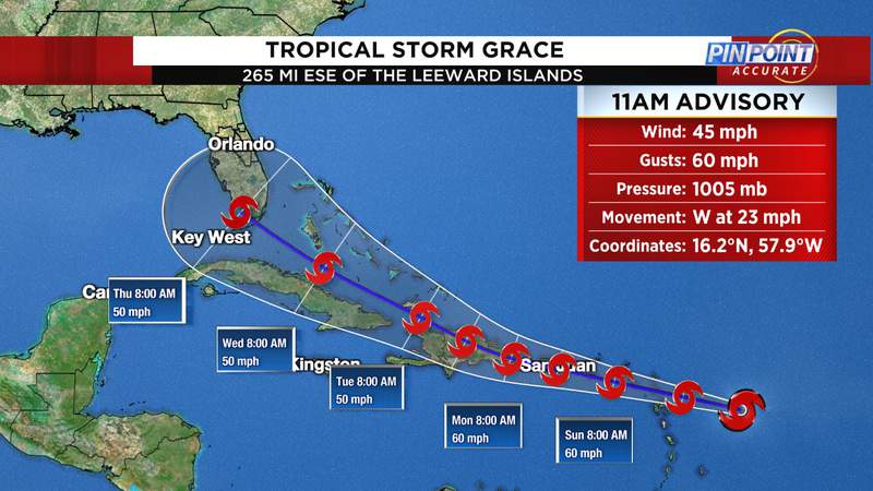 Tropical Storm Grace strengthens slightly, Central Florida back in cone