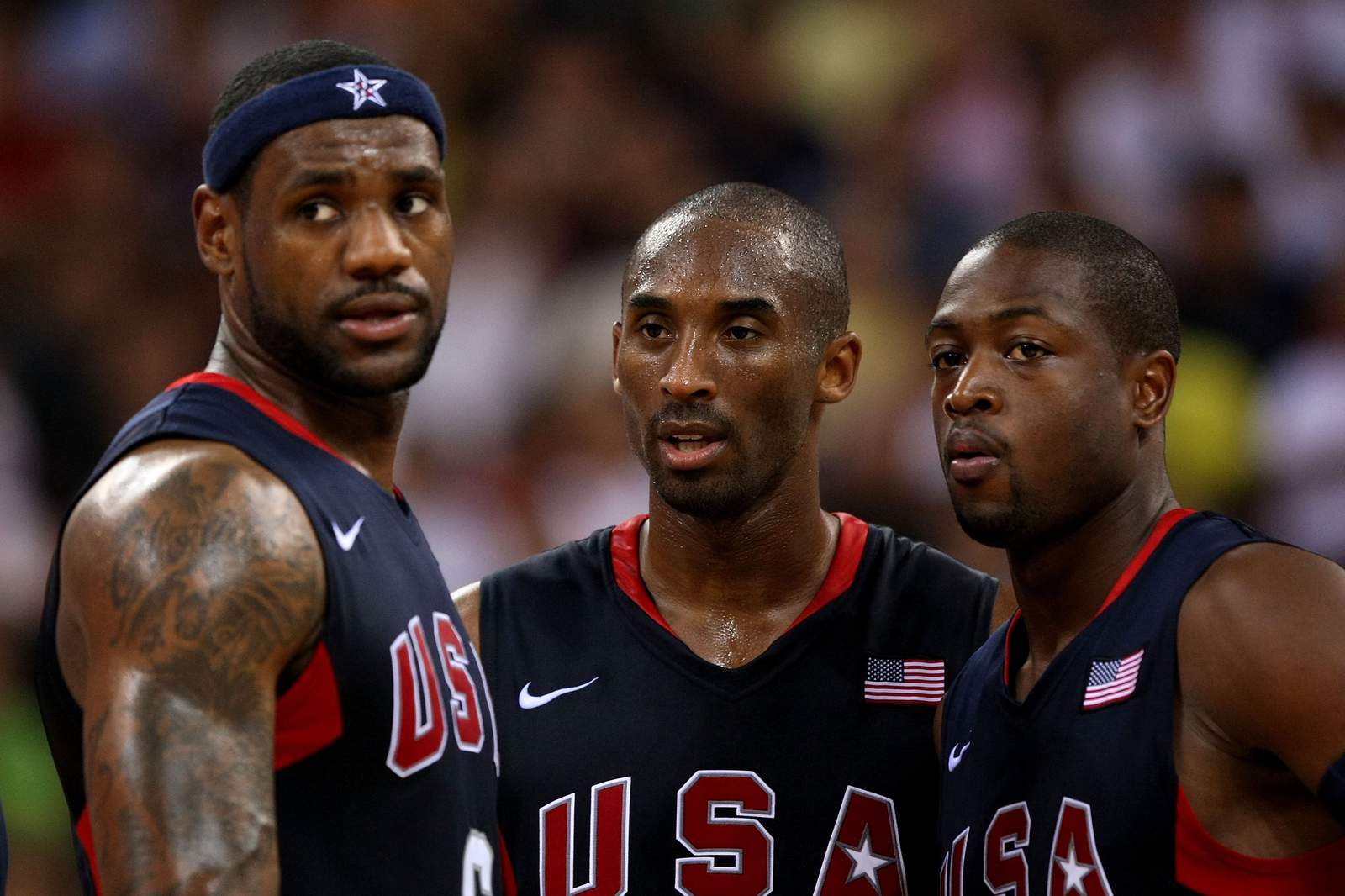 From left, LeBron James, Kobe Bryant and Dwyane Wade compete against Argentina during a men's semifinal game at the Wukesong Indoor Stadium on Day 14 of the Beijing 2008 Olympic Games.