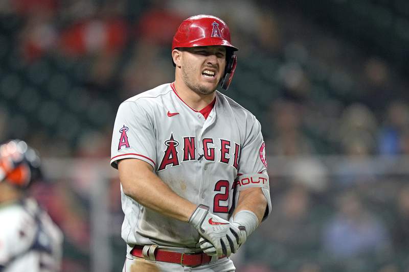 Angels star Trout scratched from lineup with bruised elbow