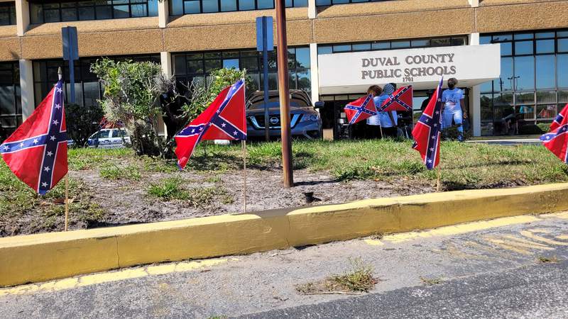 School name change opponents place Confederate flags around district headquarters