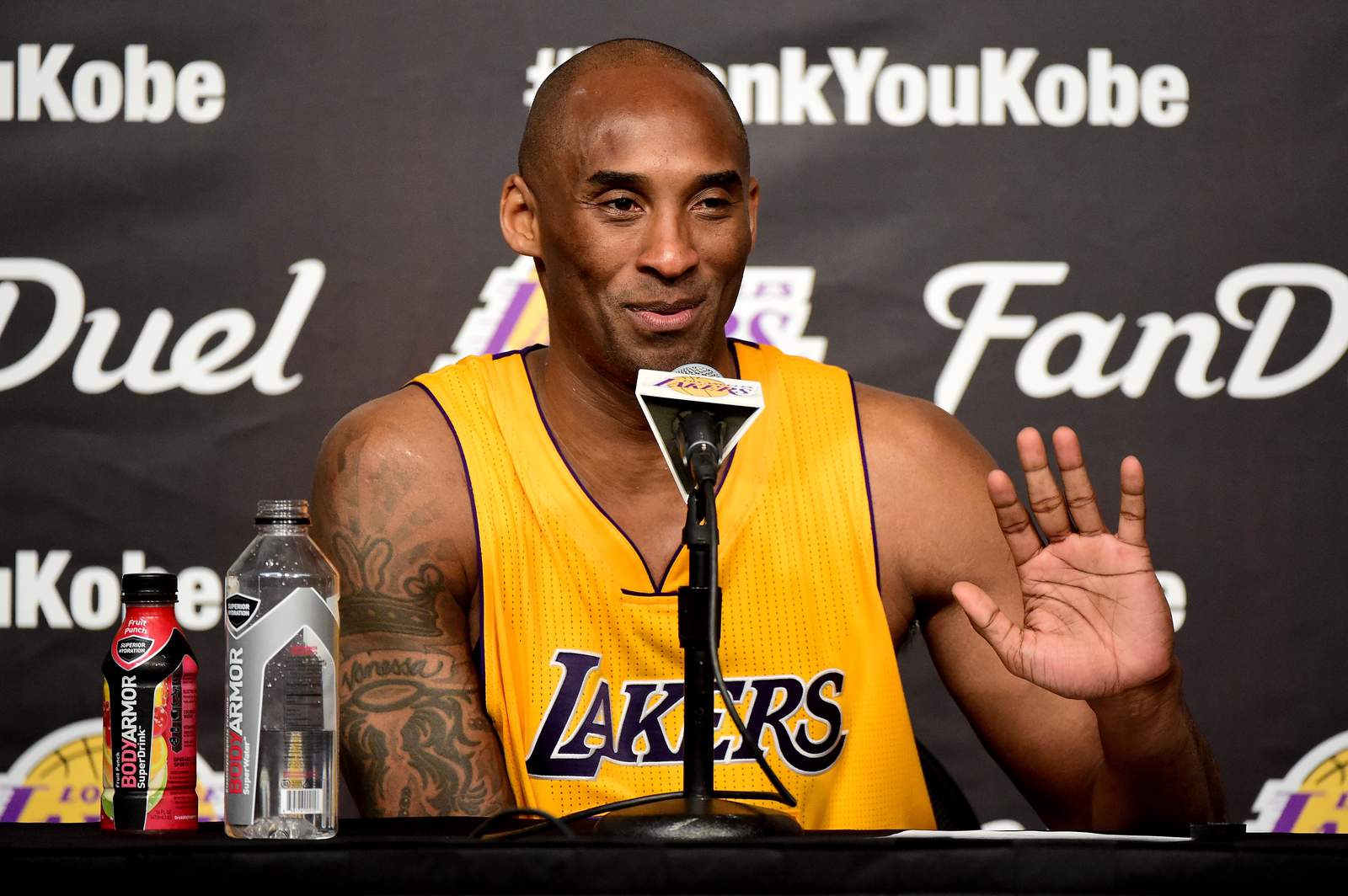 Kobe Bryant addresses the media during the postgame news conference after scoring 60 point in his final NBA game at Staples Center, which happened April 13, 2016.