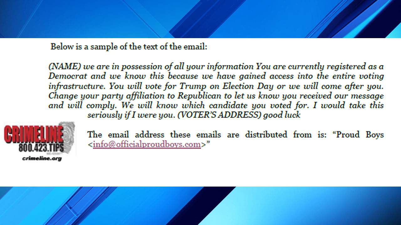 The Supervisor of Elections in Brevard County alerted deputies a voter intimidation email was sent to people who appear to be registered with the Democratic Party, according to the Sheriff’s Office.