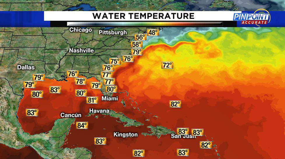 Water temperatures are running above normal through much of the Atlantic, especially in the Gulf of Mexico.