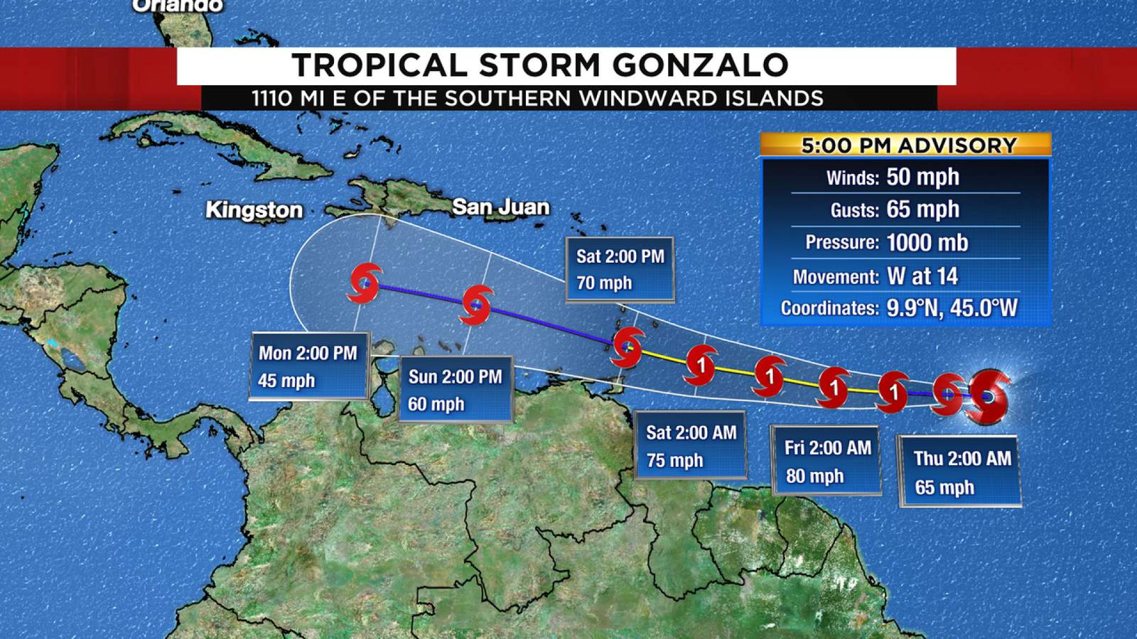 Here's the latest on Tropical Storm Gonzalo