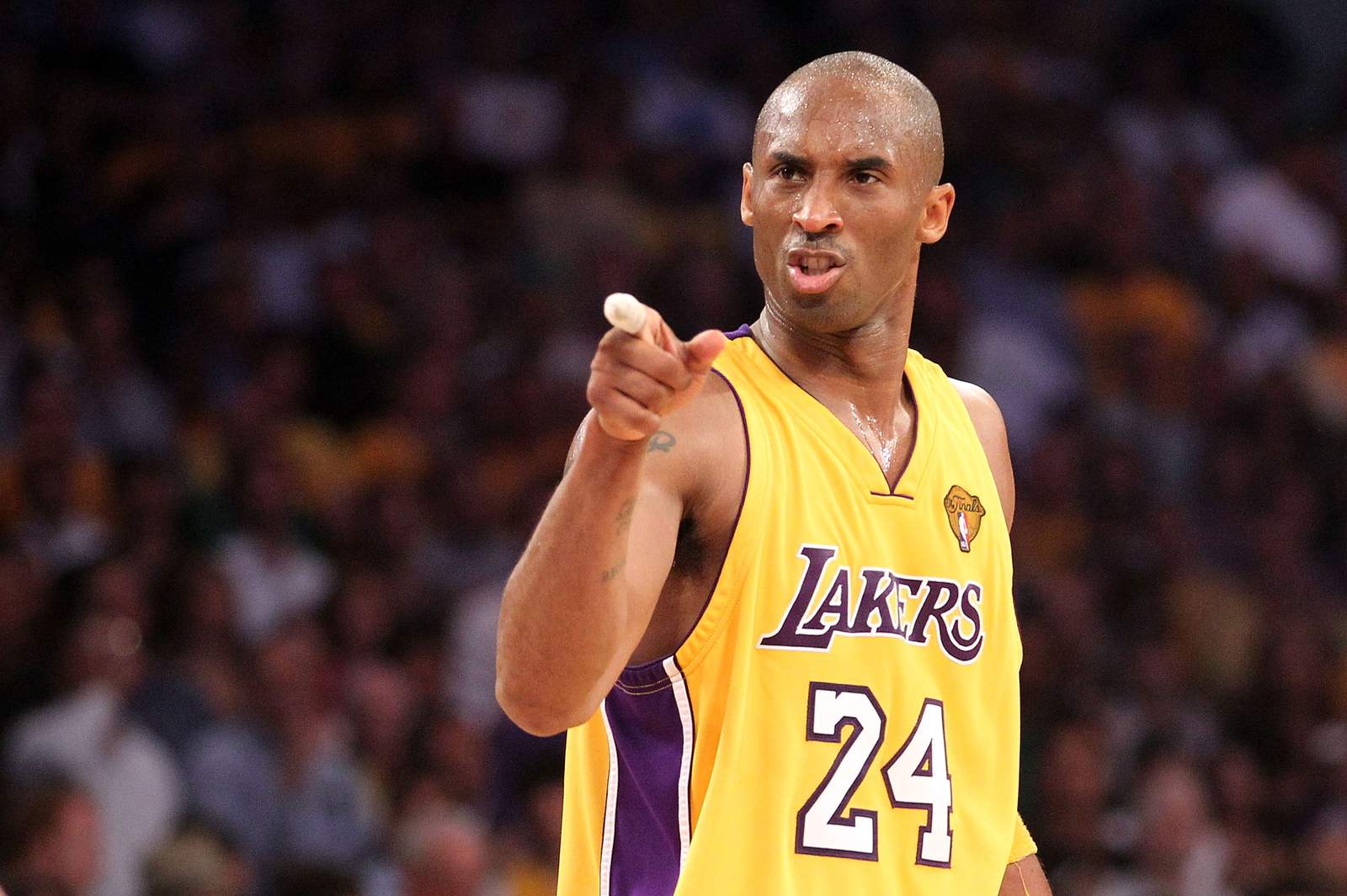 Kobe Bryant points in the second quarter of Game 7 in the 2010 NBA Finals against the Boston Celtics at Staples Center.