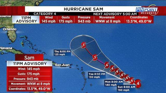 CONE, MODELS, SATELLITE: Hurricane Sam strengthens to Category 4 storm