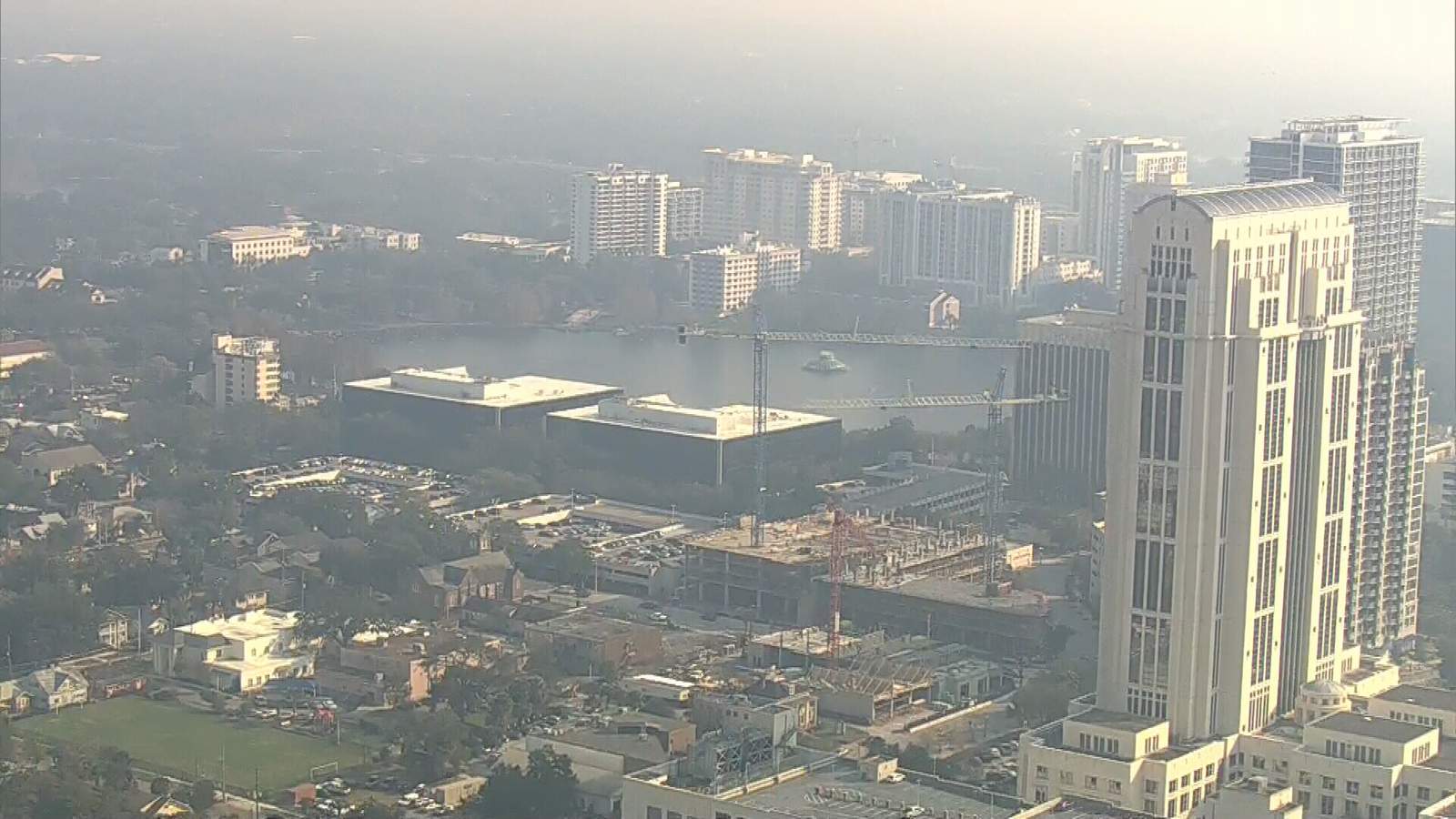 A haze caused by controlled burns covers downtown Orlando on Jan. 22, 2020.