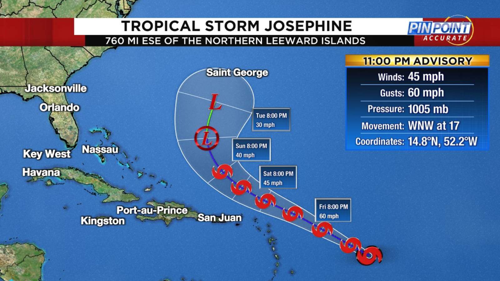 LIVE TRACK: Tropical Storm Josephine forecast cone, computer models, updates