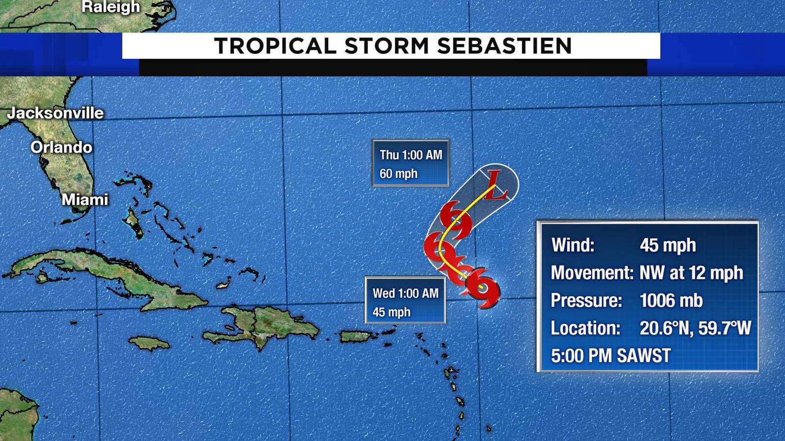 Tropical Storm Sebastien forms in Atlantic